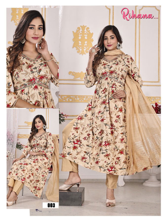 Rihana By Trendy Rayon Printed  Alia Cut Kurti With Bottom Dupatta Wholesale Market In Surat
